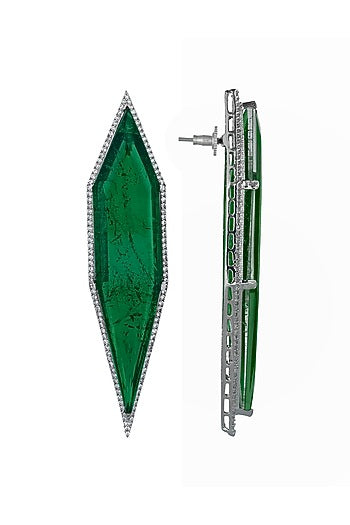 White Finish Cubic Zirconia & Green Semi-Precious Stone Dangler Earrings