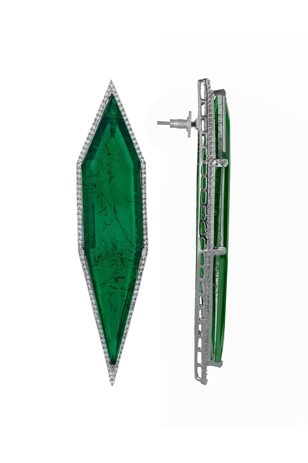 White Finish Cubic Zirconia & Green Semi-Precious Stone Dangler Earrings