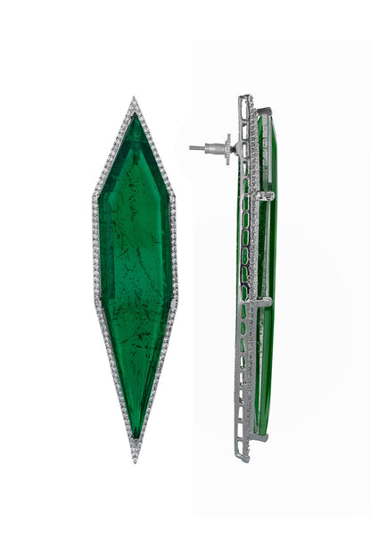 White Finish Cubic Zirconia & Green Semi-Precious Stone Dangler Earrings