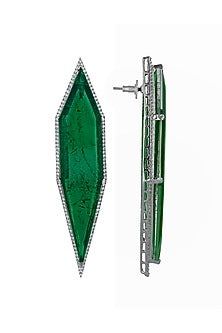 White Finish Cubic Zirconia & Green Semi-Precious Stone Dangler Earrings