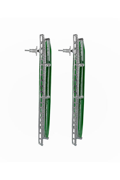 White Finish Cubic Zirconia & Green Semi-Precious Stone Dangler Earrings