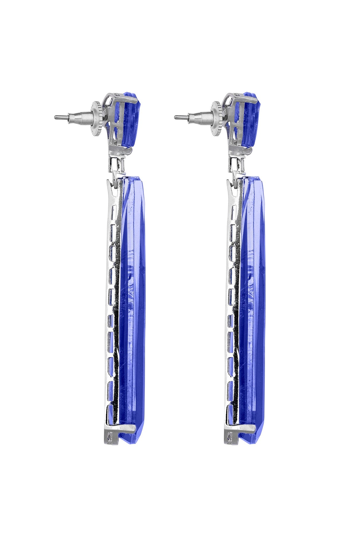 White Rhodium Finish Cubic Zirconia & Blue Semi-Precious Stone Dangler Earrings