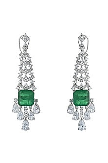 White Rhodium Finish Cubic Zirconia & Green Semi-Precious Stone Dangler Earrings