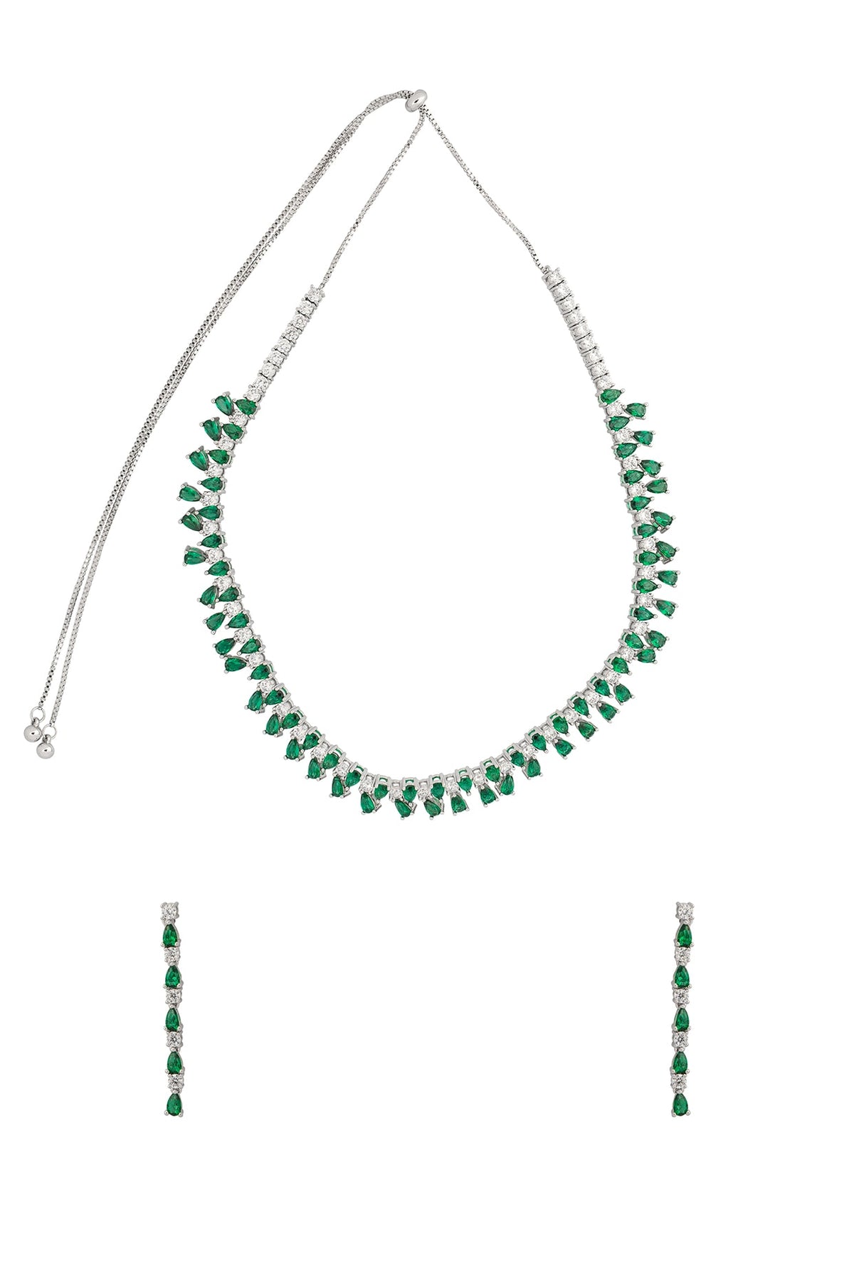 White Rhodium Finish Cubic Zirconia & Green Stone Necklace Set