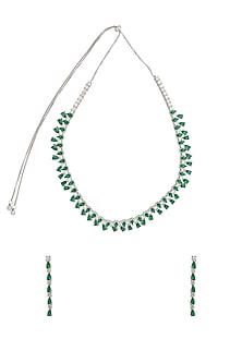 White Rhodium Finish Cubic Zirconia & Green Stone Necklace Set