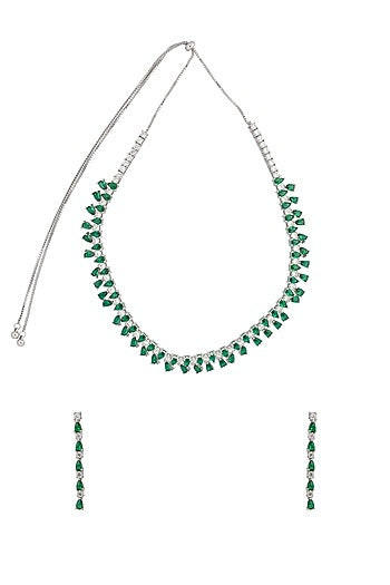 White Rhodium Finish Cubic Zirconia & Green Stone Necklace Set