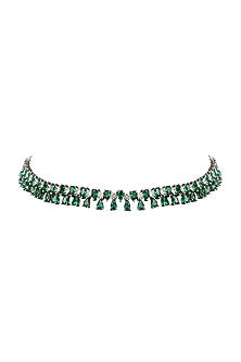 White Rhodium Finish Cubic Zirconia & Green Stone Necklace Set