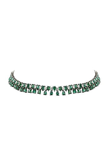 White Rhodium Finish Cubic Zirconia & Green Stone Necklace Set