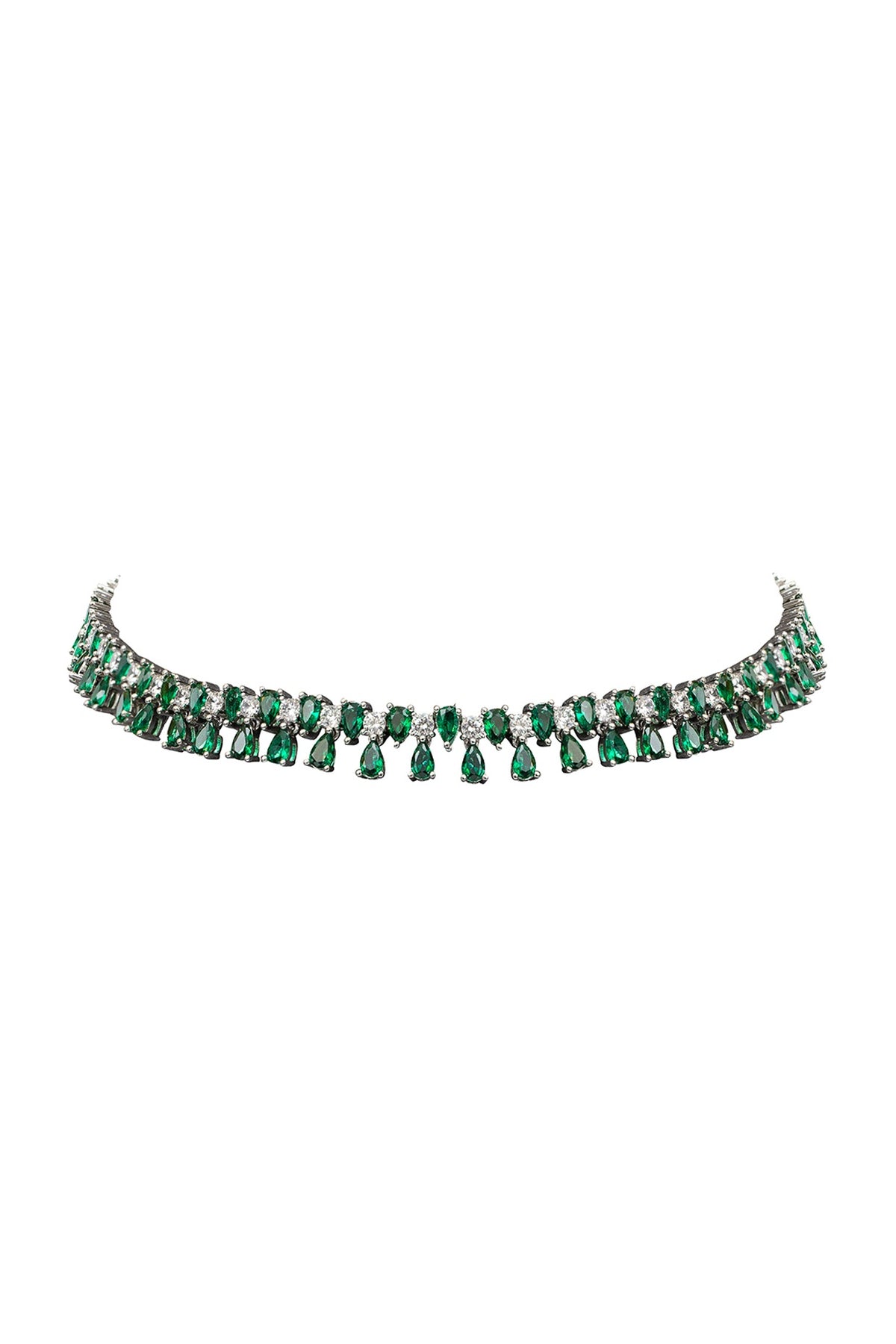 White Rhodium Finish Cubic Zirconia & Green Stone Necklace Set
