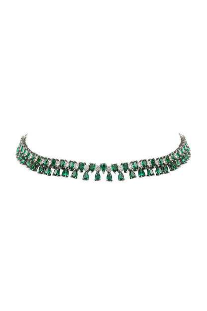 White Rhodium Finish Cubic Zirconia & Green Stone Necklace Set