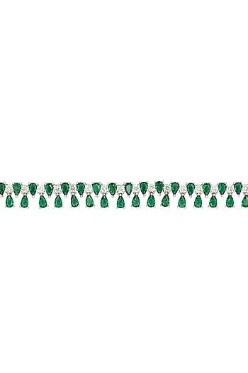 White Rhodium Finish Cubic Zirconia & Green Stone Necklace Set