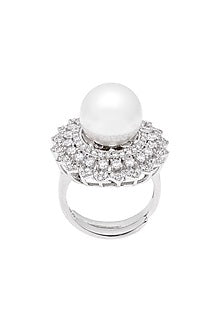 White Finish Cubic Zirconia & Pearl Ring