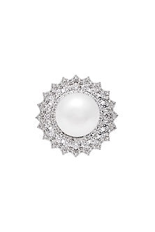 White Finish Cubic Zirconia & Pearl Ring