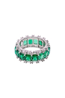 White Electro Rhodium Finish Cubic Zirconia & Green Stone Ring