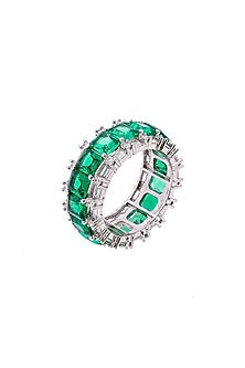 White Electro Rhodium Finish Cubic Zirconia & Green Stone Ring