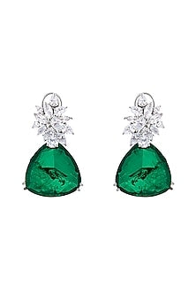 White Rhodium Finish Zirconia & Emerald Stone Triangular Drop Earrings