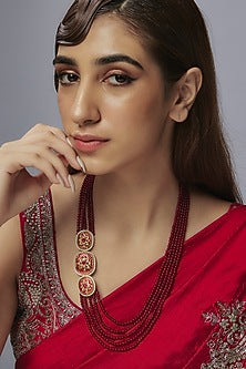 Gold Finish Red Jade & Kundan Polki Long Necklace