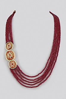 Gold Finish Red Jade & Kundan Polki Long Necklace