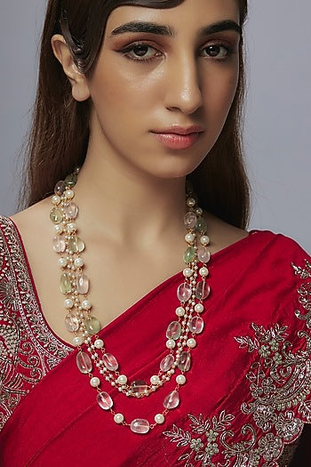 Multi-Colored Rose Quartz & Shell Pearl Long Layered Necklace