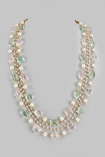 Multi-Colored Rose Quartz & Shell Pearl Long Layered Necklace