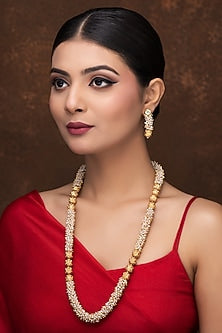 Gold Finish Pearl Long Necklace Set