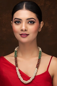 Gold Finish Tri-Colored Pearl Long Necklace