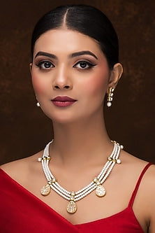 Gold Finish Kundan Polki & Pearl Necklace Set