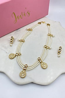 Gold Finish Kundan Polki & Pearl Necklace Set