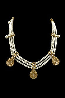 Gold Finish Kundan Polki & Pearl Necklace Set
