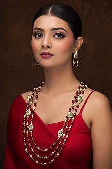 Gold Finish Red Quartz & Kundan Polki Long Necklace Set