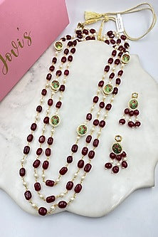 Gold Finish Red Quartz & Kundan Polki Long Necklace Set