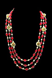 Gold Finish Red Quartz & Kundan Polki Long Necklace Set