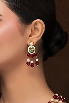 Gold Finish Red Quartz & Kundan Polki Long Necklace Set