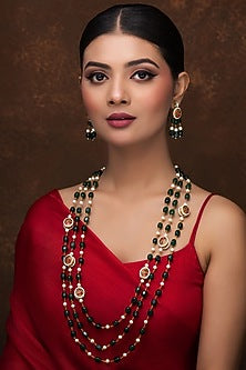 Gold Finish Green Quartz & Kundan Polki Long Necklace Set