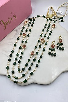 Gold Finish Green Quartz & Kundan Polki Long Necklace Set