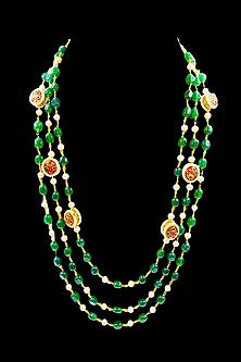 Gold Finish Green Quartz & Kundan Polki Long Necklace Set