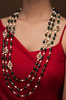 Gold Finish Green Quartz & Kundan Polki Long Necklace Set