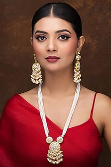 Gold Finish Kundan Polki & Pearl Long Necklace Set
