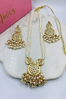 Gold Finish Kundan Polki & Pearl Long Necklace Set