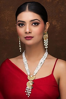 Gold Finish Kundan Polki & Pearl Long Necklace Set