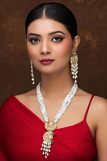 Gold Finish Kundan Polki & Pearl Long Necklace Set