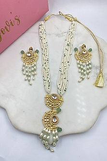 Gold Finish Kundan Polki & Pearl Long Necklace Set