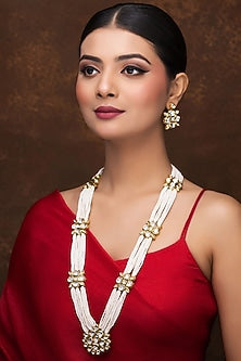 Gold Finish Kundan Polki & Pearl Long Necklace Set