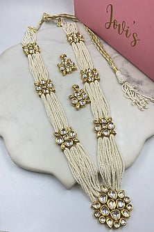 Gold Finish Kundan Polki & Pearl Long Necklace Set