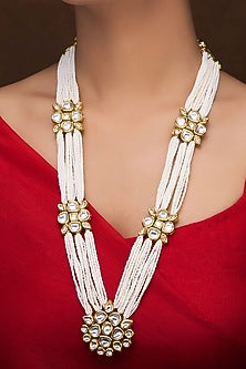 Gold Finish Kundan Polki & Pearl Long Necklace Set