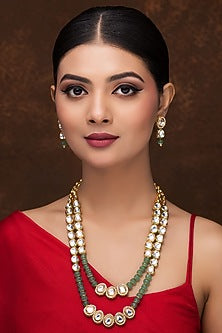 Gold Finish Kundan Polki & Green Melon Beaded Long Necklace Set