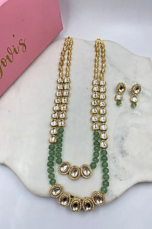 Gold Finish Kundan Polki & Green Melon Beaded Long Necklace Set