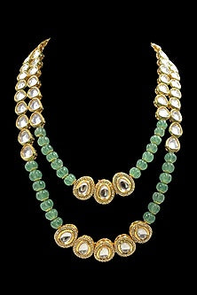 Gold Finish Kundan Polki & Green Melon Beaded Long Necklace Set