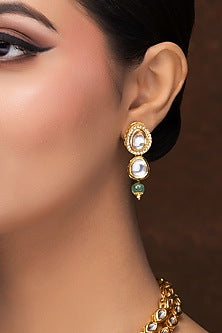 Gold Finish Kundan Polki & Green Melon Beaded Long Necklace Set