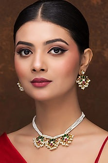 Gold Finish Kundan Polki Meenakari Necklace Set